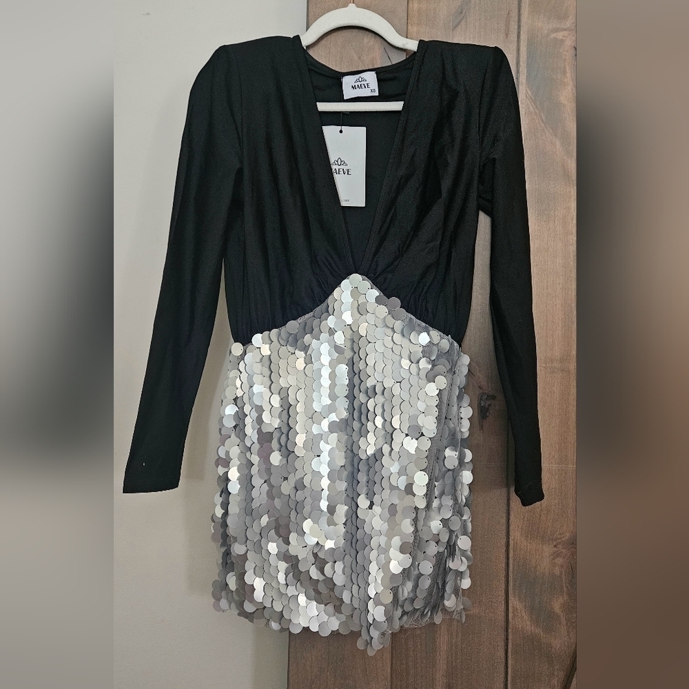 NWT Maeve Black & Silver Sequin Mini Dress XS Party Cocktail Holiday - Picture 4 of 16
